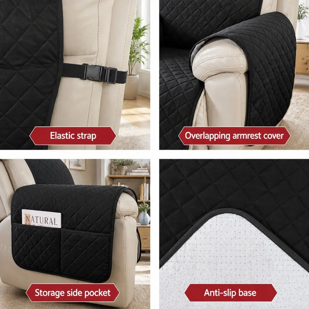 Recliner Chair Cover Water Resistant Diamond-Quilted 1-Seater Microfibre Black