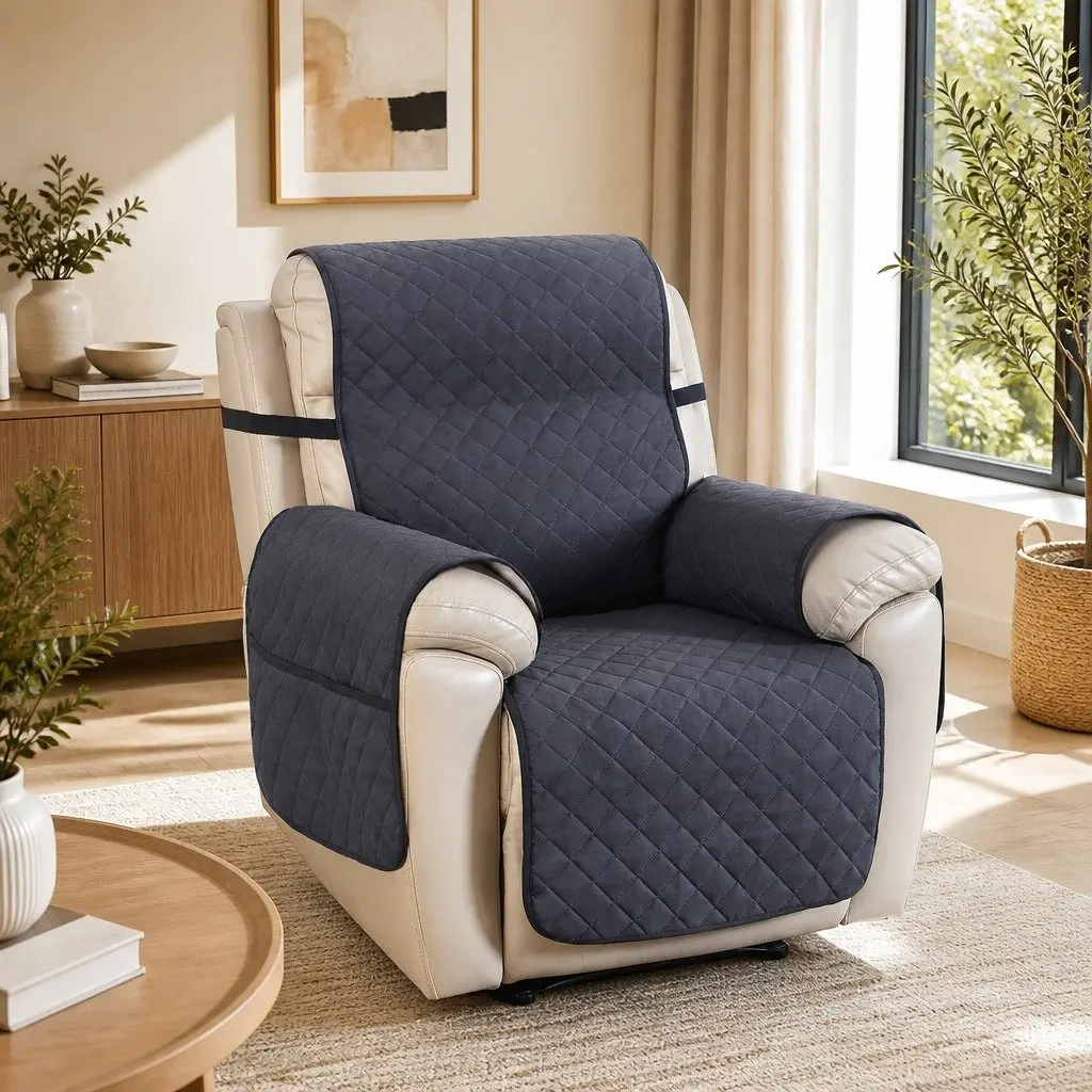Recliner Chair Cover Water Resistant Grey Diamond Quilted 1-Seater Microfibre
