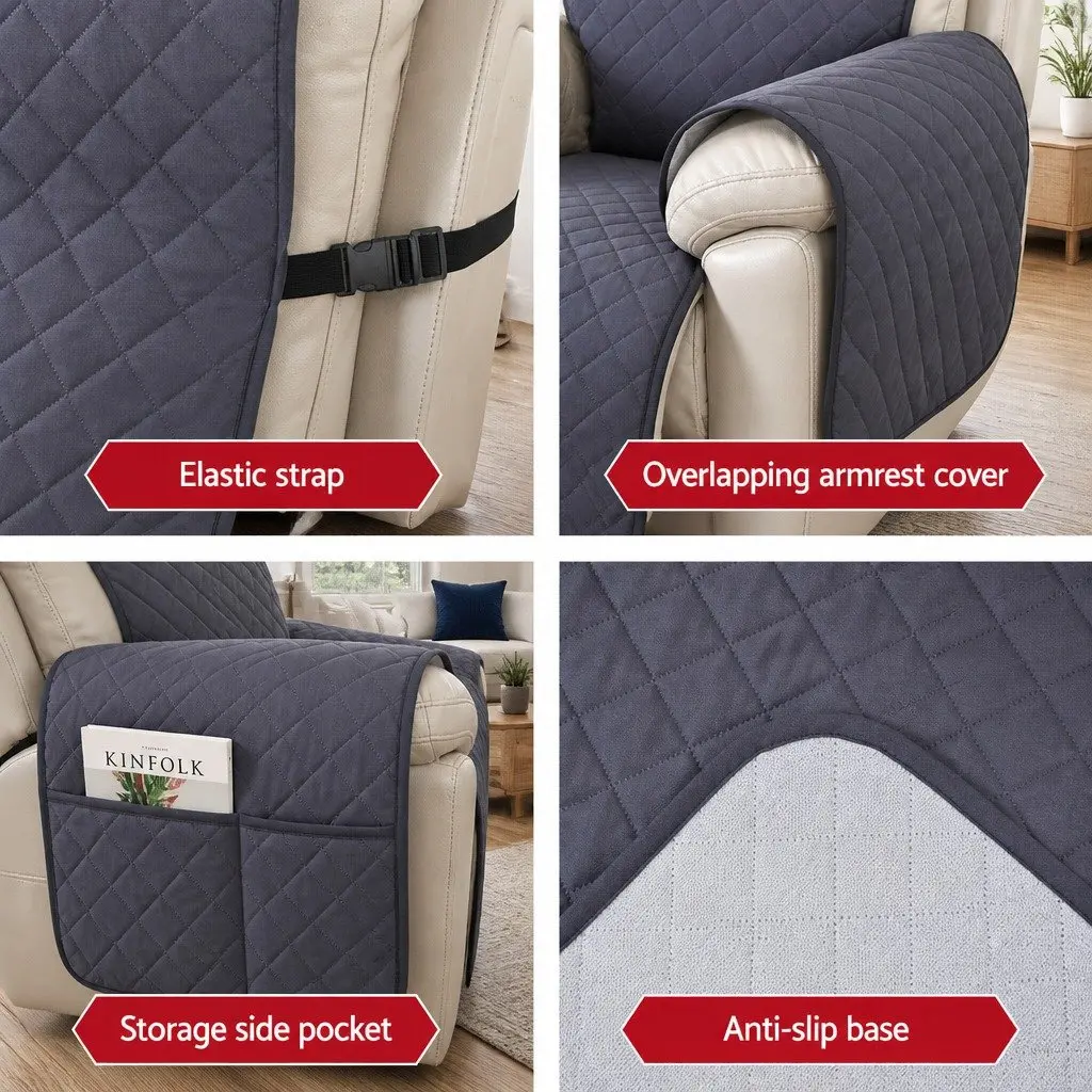 Recliner Chair Cover Water Resistant Grey Diamond Quilted 1-Seater Microfibre