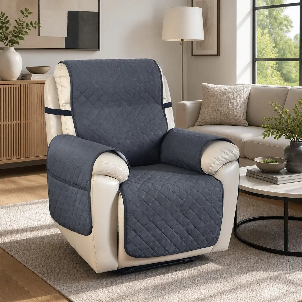 Recliner Chair Cover Water Resistant Grey Diamond Quilted 1-Seater Microfibre