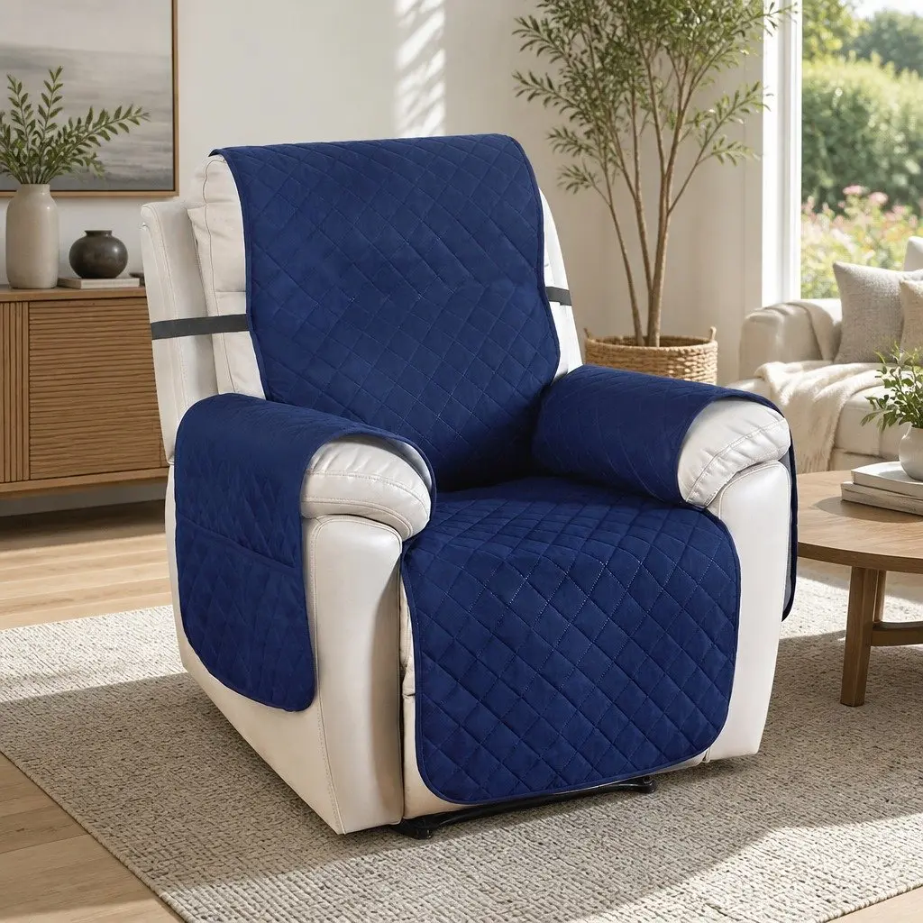 Recliner Chair Cover Water Resistant Navy Blue Diamond Quilted 1 Seater Microfibre Fabric
