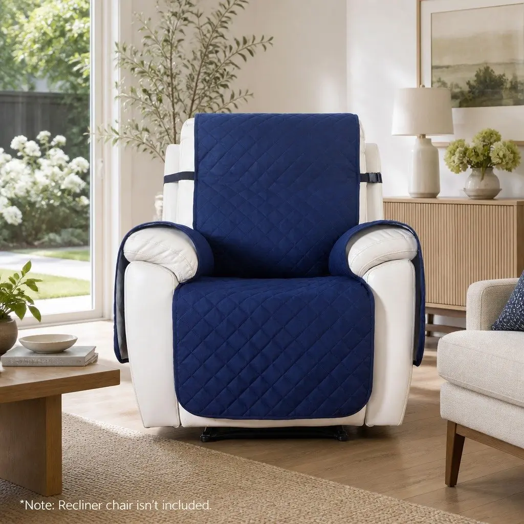 Recliner Chair Cover Water Resistant Navy Blue Diamond Quilted 1 Seater Microfibre Fabric
