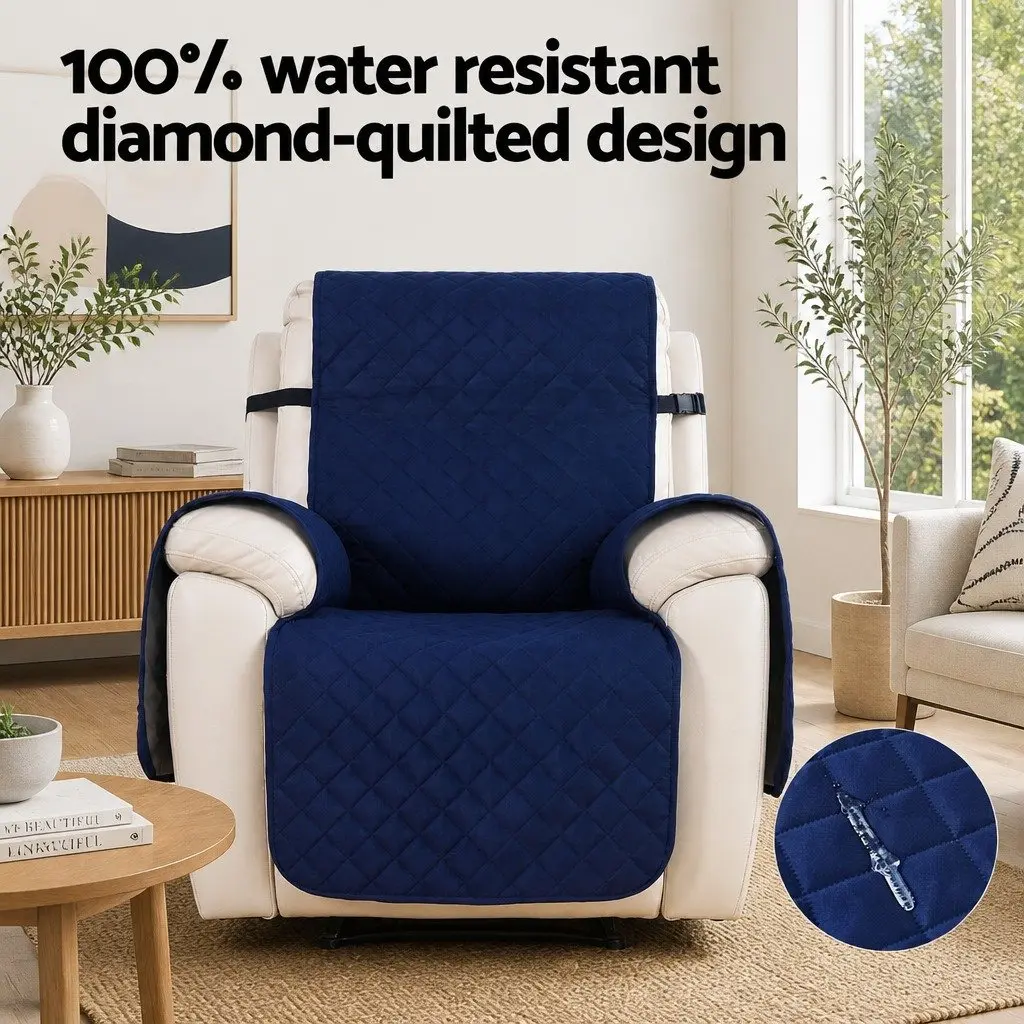 Recliner Chair Cover Water Resistant Navy Blue Diamond Quilted 1 Seater Microfibre Fabric