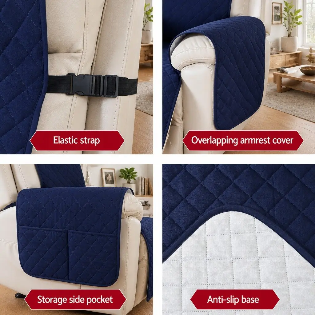 Recliner Chair Cover Water Resistant Navy Blue Diamond Quilted 1 Seater Microfibre Fabric