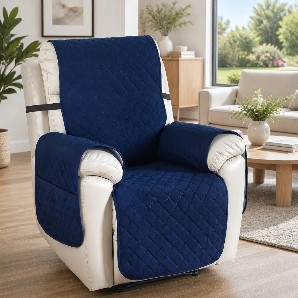 Recliner Chair Cover Water Resistant Navy Blue Diamond Quilted 1 Seater Microfibre Fabric