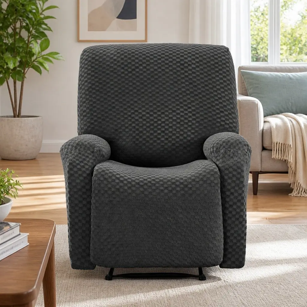 Recliner Chair Cover Soft Fabric Grey Stretch with Side Pockets