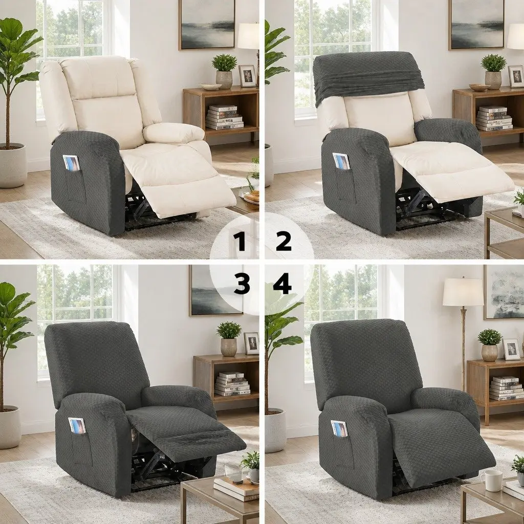 Recliner Chair Cover Soft Fabric Grey Stretch with Side Pockets