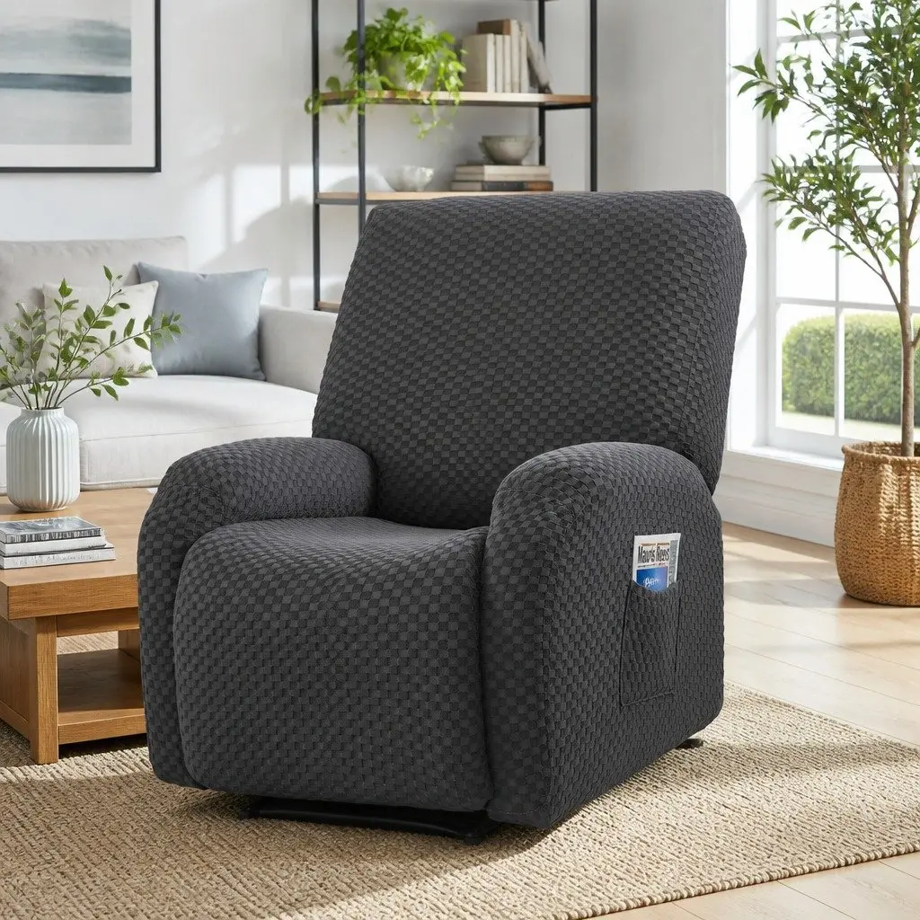 Recliner Chair Cover Soft Fabric Grey Stretch with Side Pockets