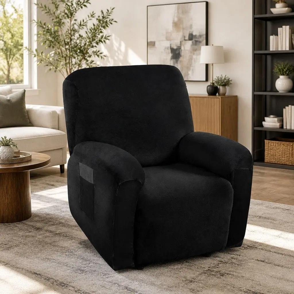 Recliner Chair Cover Velvet Black 1 Seater Stretchy Anti-Slip Elastic Machine Washable