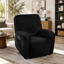 Velvet Recliner Chair Cover 1 Seater Black Stretchy