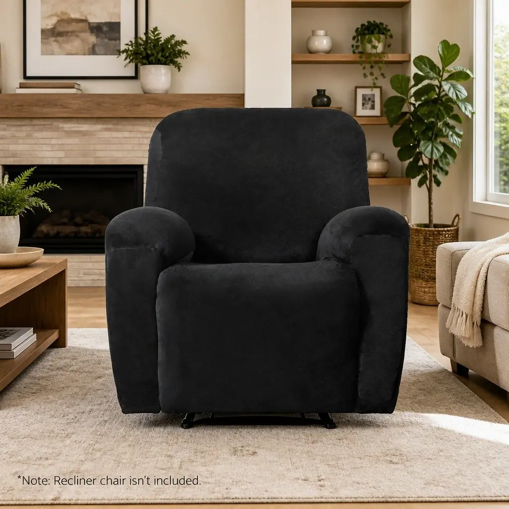 Recliner Chair Cover Velvet Black 1 Seater Stretchy Anti-Slip Elastic Machine Washable