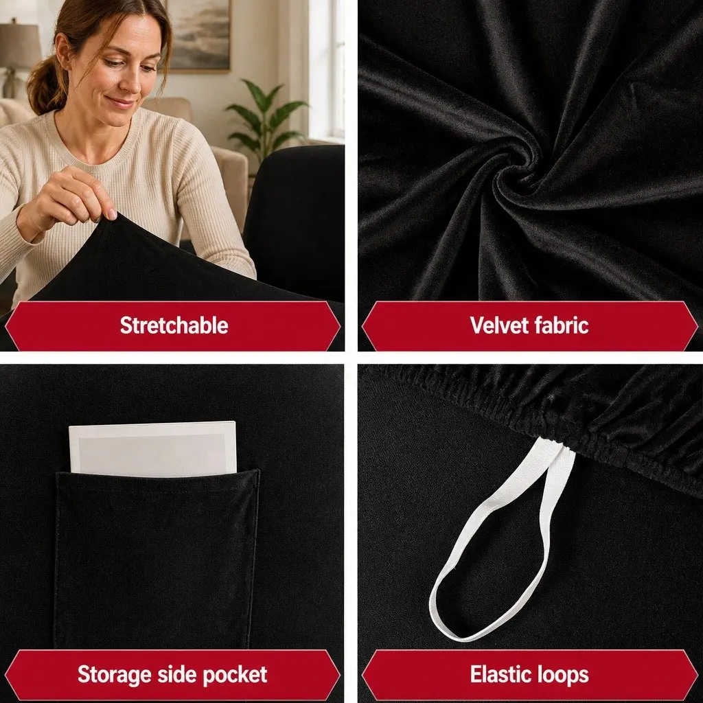 Recliner Chair Cover Velvet Black 1 Seater Stretchy Anti-Slip Elastic Machine Washable