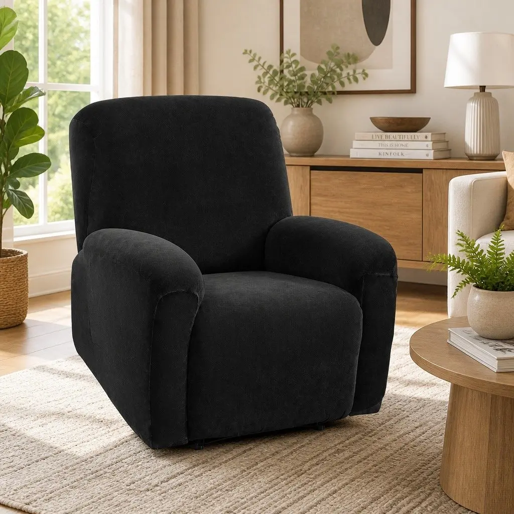 Recliner Chair Cover Velvet Black 1 Seater Stretchy Anti-Slip Elastic Machine Washable