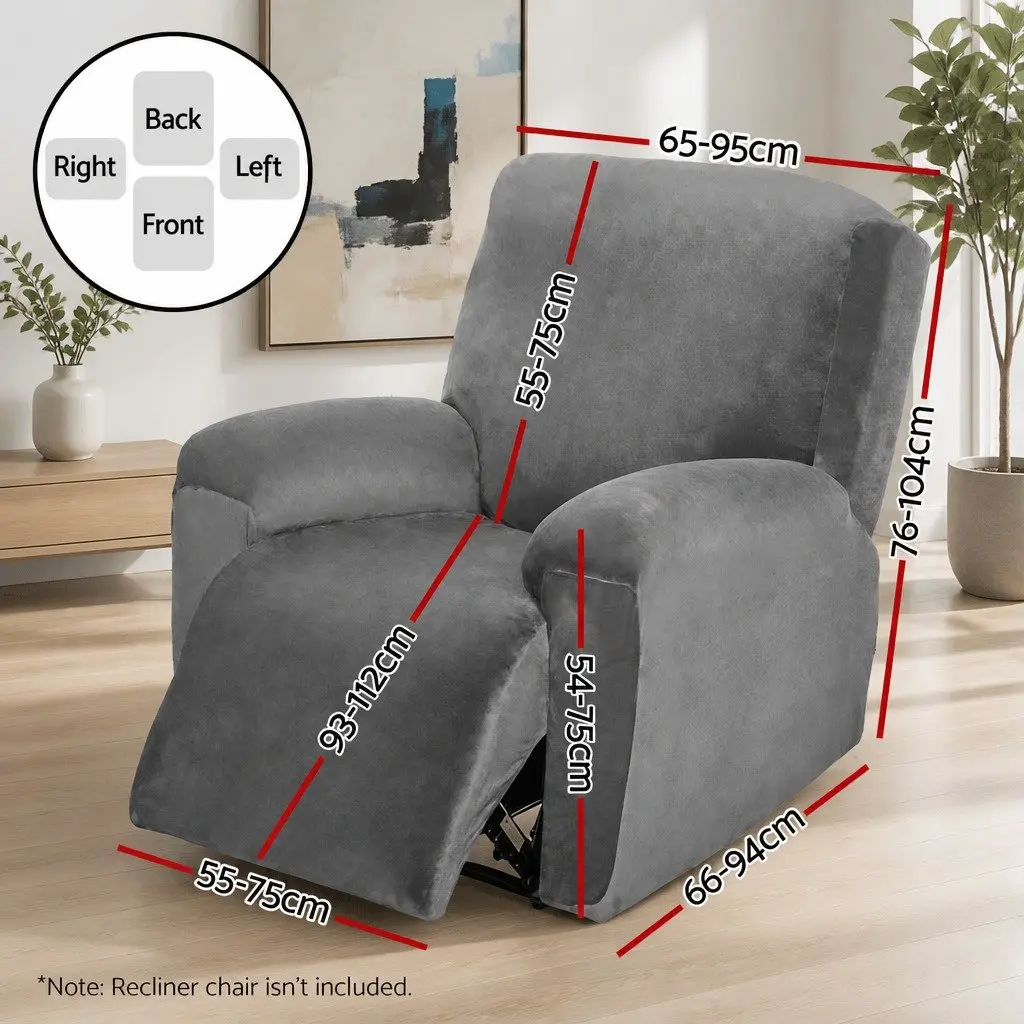Recliner Cover Velvet Grey 1 Seater Stretch Fabric Anti-Slip Elastic Bottom