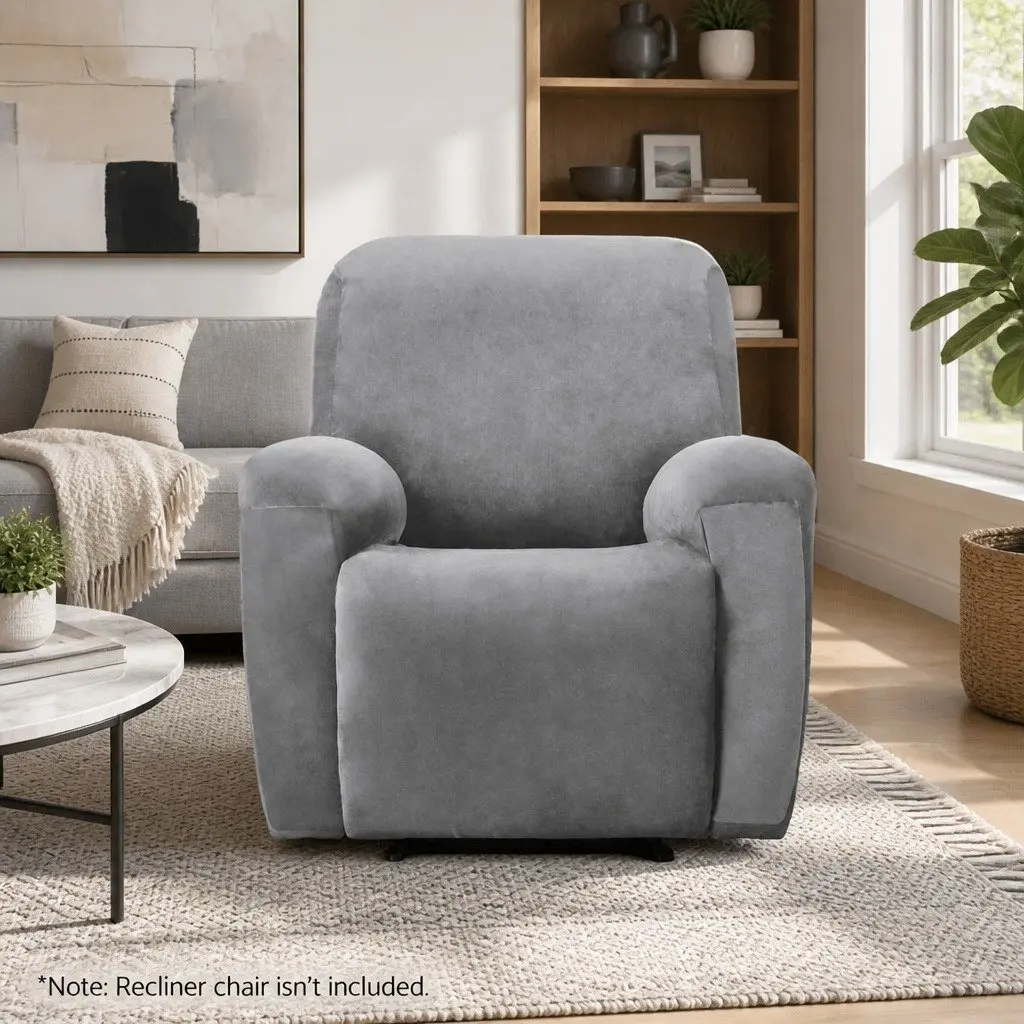 Recliner Cover Velvet Grey 1 Seater Stretch Fabric Anti-Slip Elastic Bottom