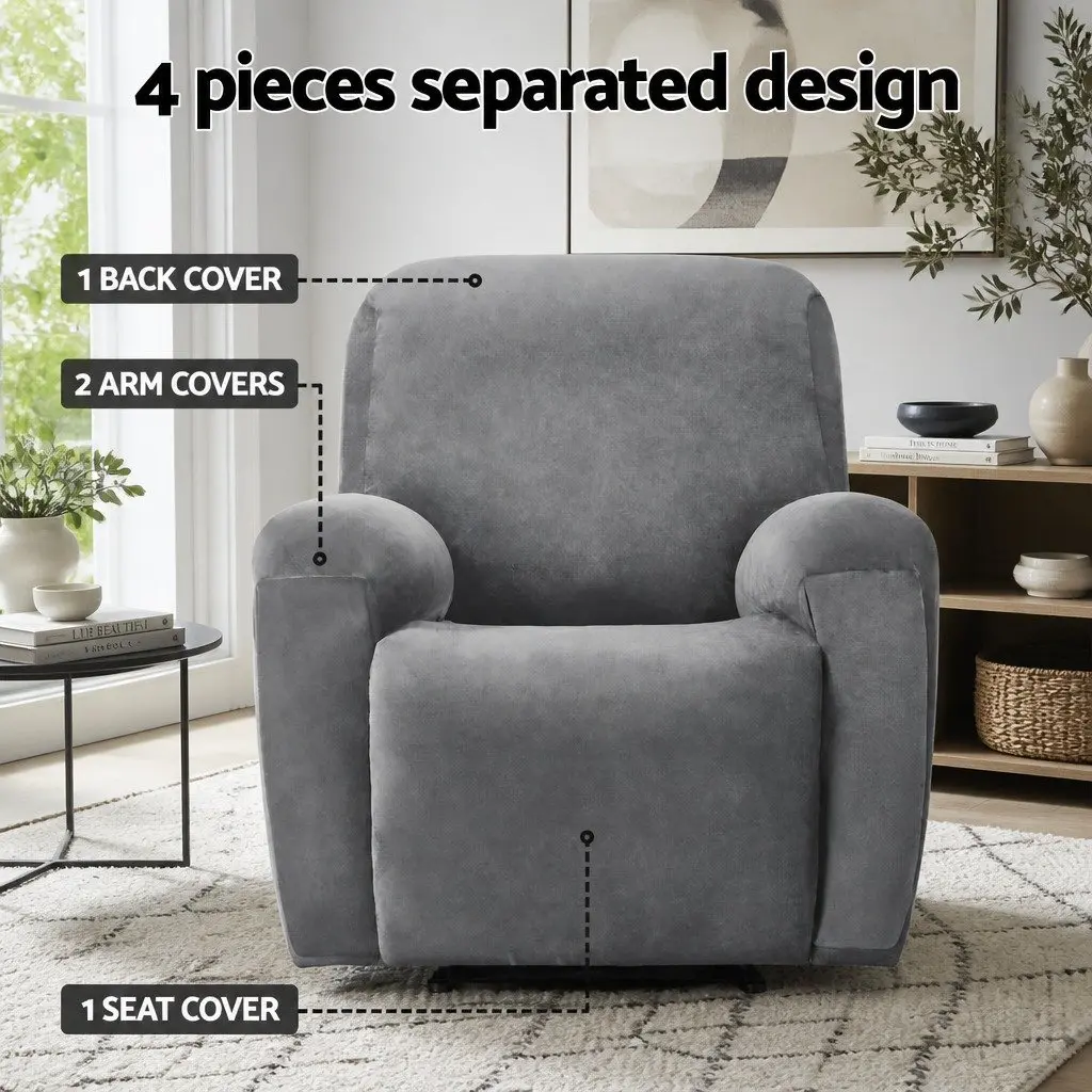 Recliner Cover Velvet Grey 1 Seater Stretch Fabric Anti-Slip Elastic Bottom