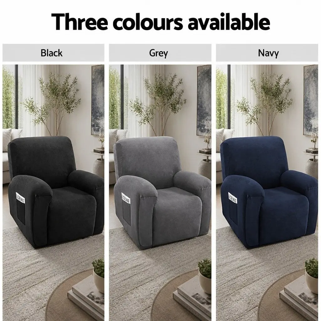 Recliner Cover Velvet Grey 1 Seater Stretch Fabric Anti-Slip Elastic Bottom