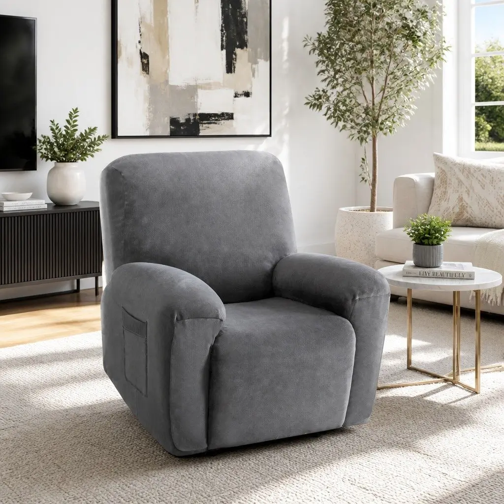 Recliner Cover Velvet Grey 1 Seater Stretch Fabric Anti-Slip Elastic Bottom