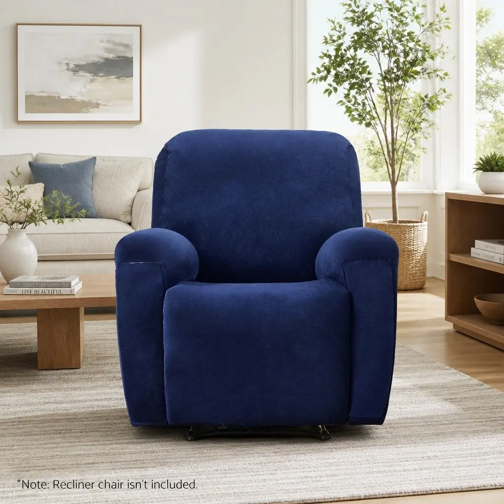 Recliner Chair Cover Navy Blue Velvet 1 Seater Stretch Material