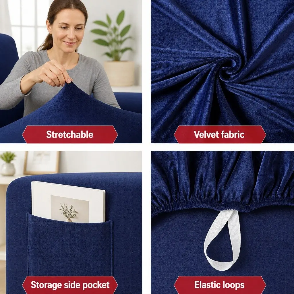 Recliner Chair Cover Navy Blue Velvet 1 Seater Stretch Material