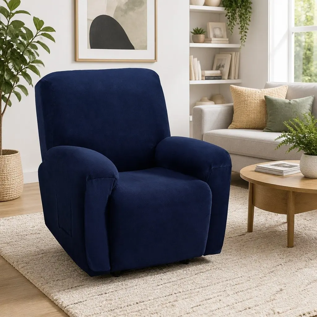 Recliner Chair Cover Navy Blue Velvet 1 Seater Stretch Material
