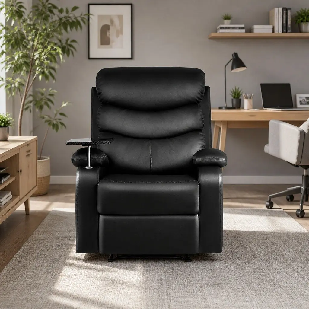Black Leather Recliner Chair with Tray Table