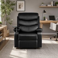 Comfortable Black Leather Recliner Chair with Tray Table