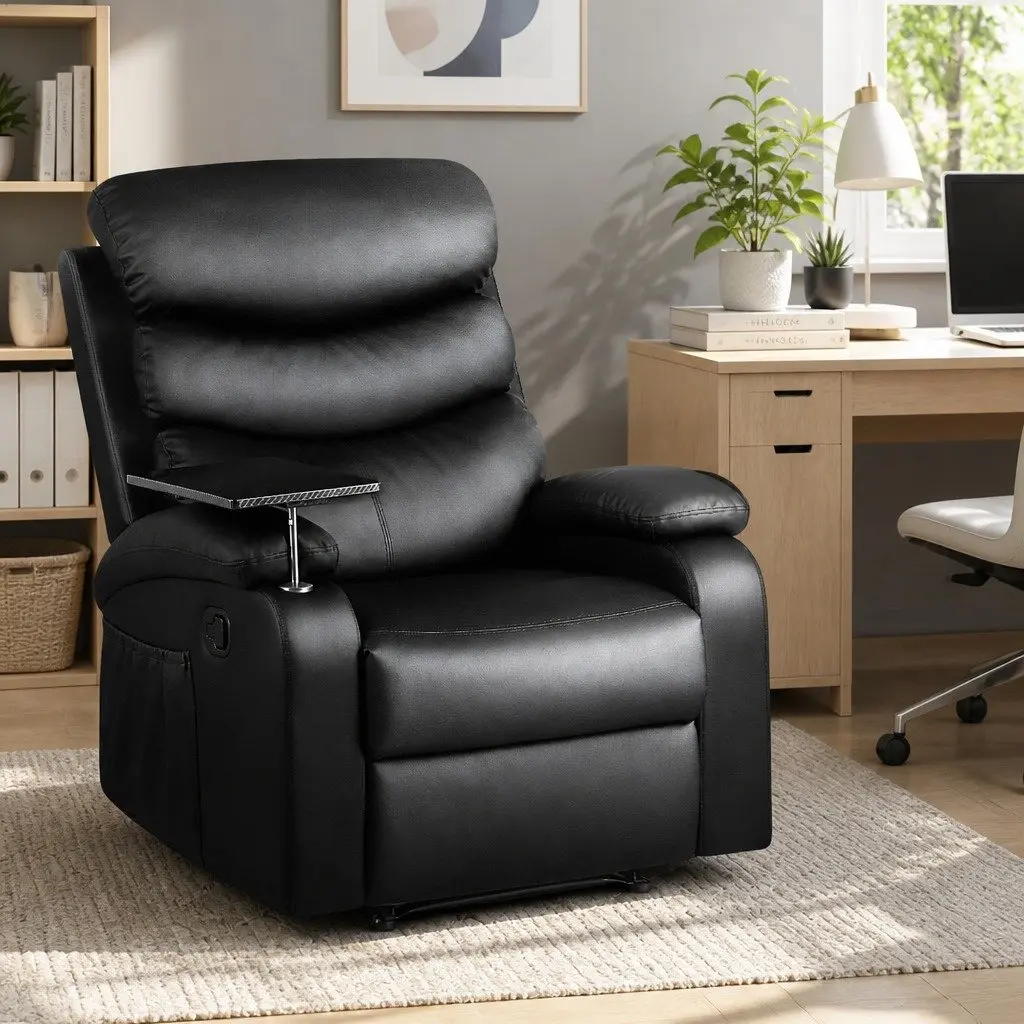 Black Leather Recliner Chair with Tray Table