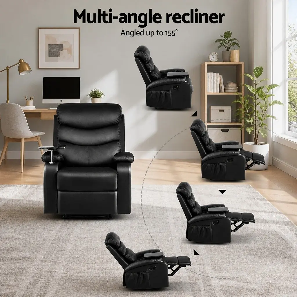 Black Leather Recliner Chair with Tray Table