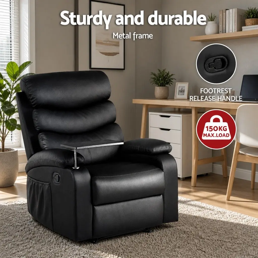 Black Leather Recliner Chair with Tray Table