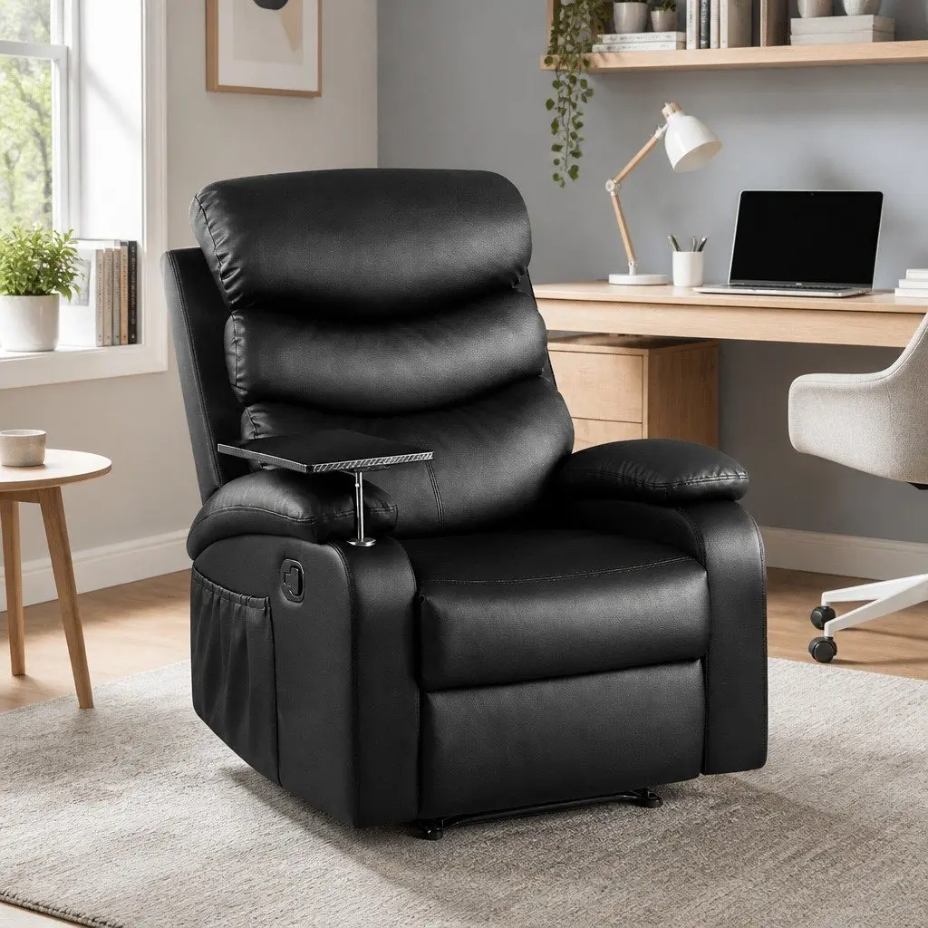 Black Leather Recliner Chair with Tray Table