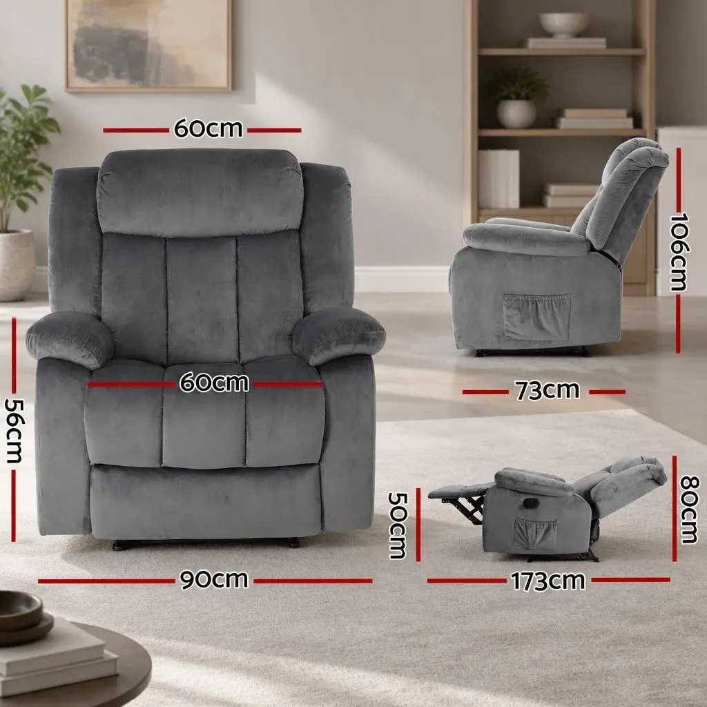 Electric Massage Recliner Chair Velvet Grey 73cm W 90cm D 106cm H Sponge