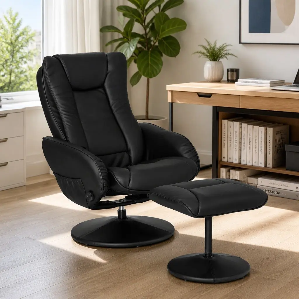 Recliner Chair Heated Massage 5-Point Black Manual Recline PU Leather