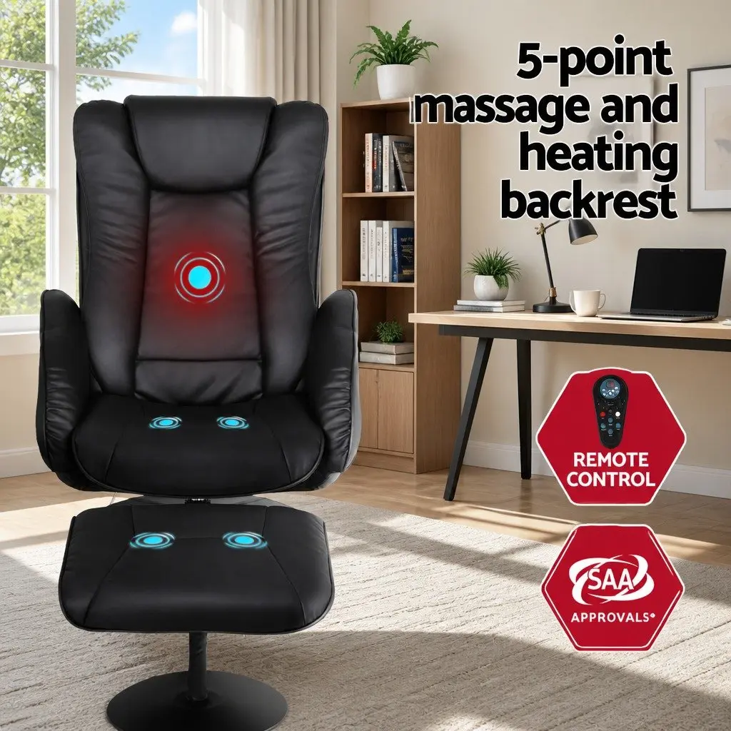 Recliner Chair Heated Massage 5-Point Black Manual Recline PU Leather