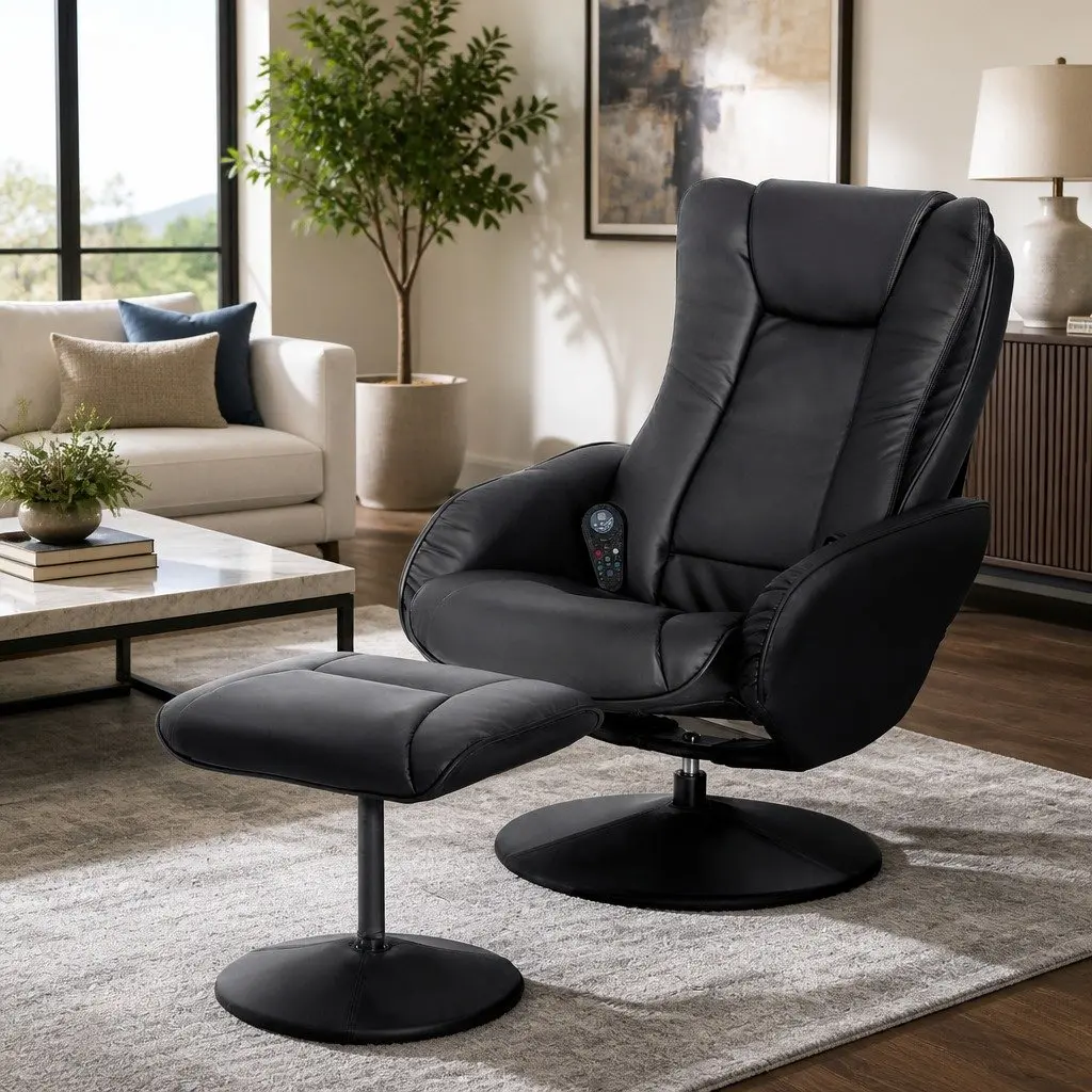Recliner Chair Heated Massage Black Manual Recline Footrest Lounge Seat