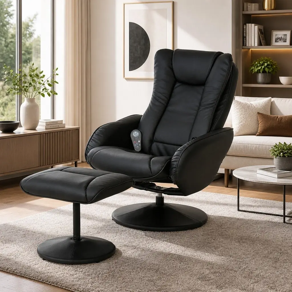 Recliner Chair Heated Massage Black Manual Recline Footrest Lounge Seat