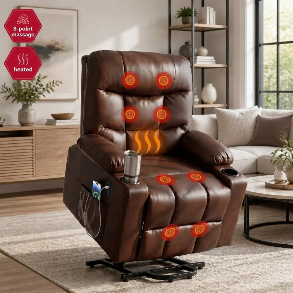 Recliner Chair Lift Assist Heated Massage Lounge Seat Brown Remote Control