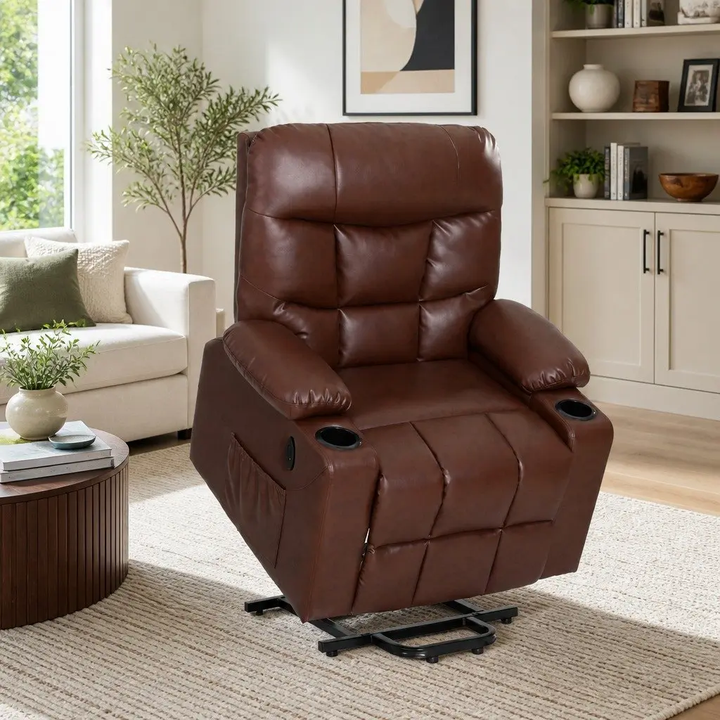 Recliner Chair Lift Assist Heated Massage Lounge Seat Brown Remote Control