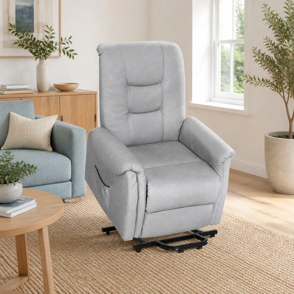 Recliner Chair Lift Assist Grey Remote Control 78cm W x 92cm D x 105cm H PU Leather