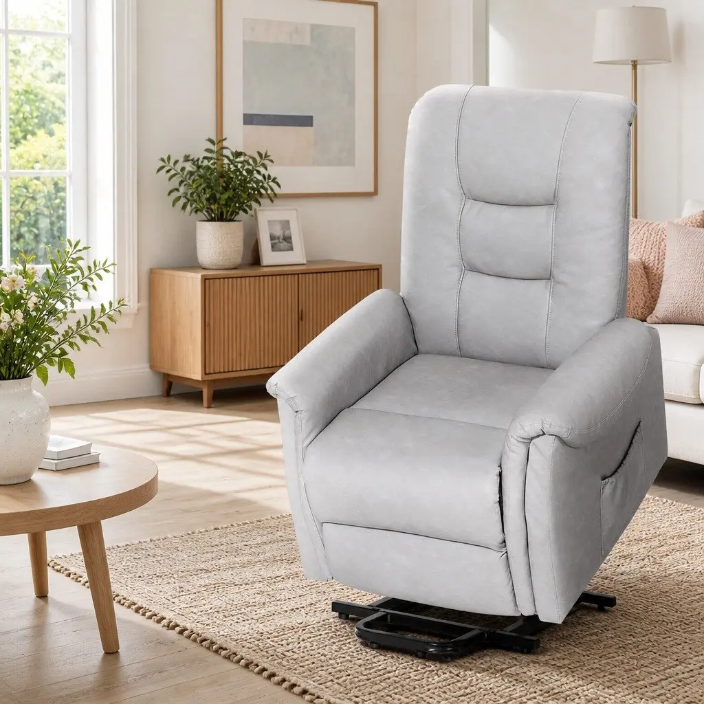 Recliner Chair Lift Assist Grey Remote Control 78cm W x 92cm D x 105cm H PU Leather