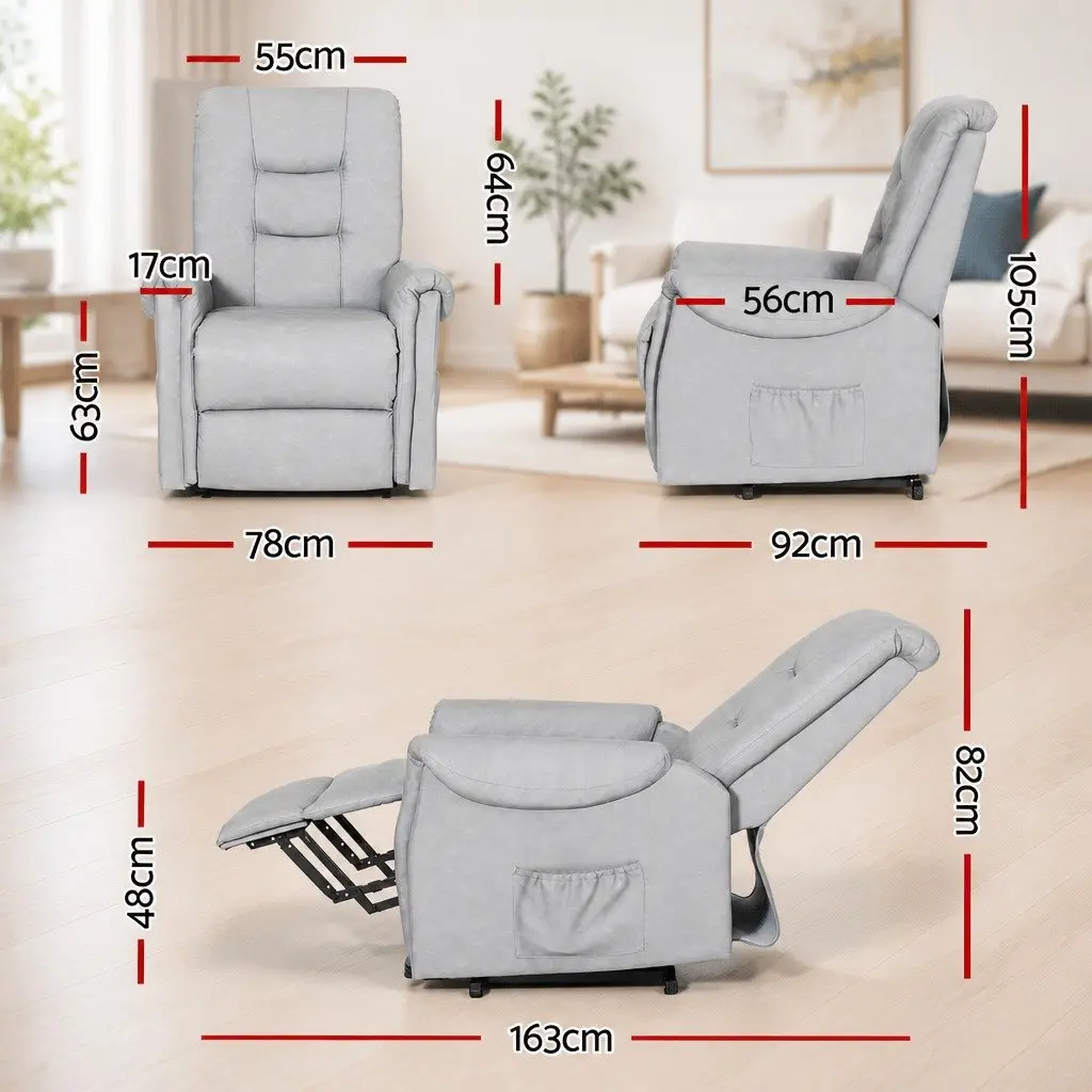 Recliner Chair Lift Assist Grey Remote Control 78cm W x 92cm D x 105cm H PU Leather