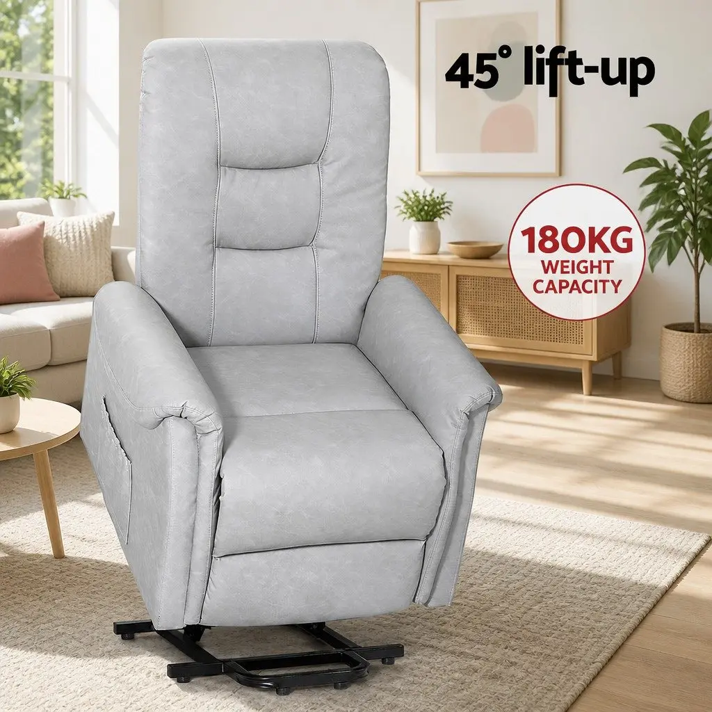 Recliner Chair Lift Assist Grey Remote Control 78cm W x 92cm D x 105cm H PU Leather