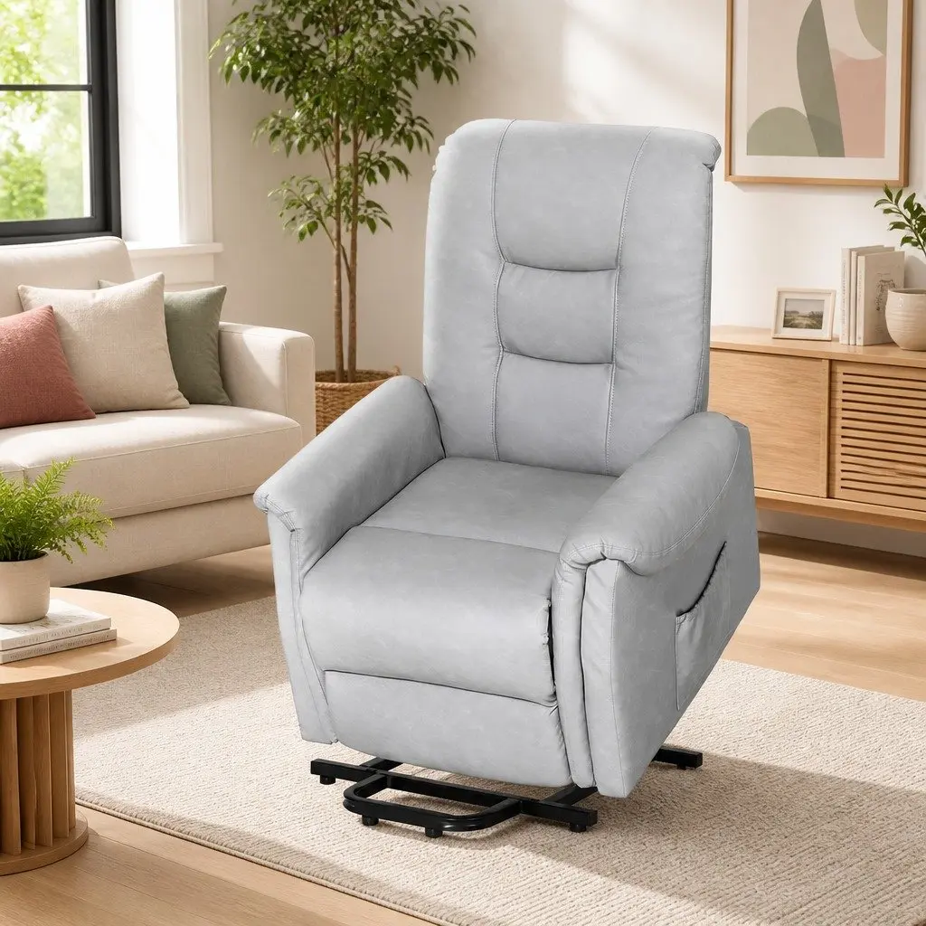 Recliner Chair Lift Assist Grey Remote Control 78cm W x 92cm D x 105cm H PU Leather