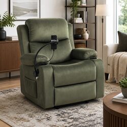 Heated Massage Velvet Recliner Chair with USB Holder - Green