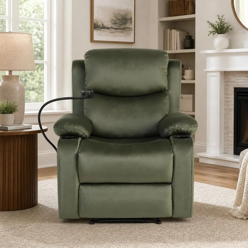 Recliner Chair Heated Massage Velvet Armchair with USB Phone Holder Green