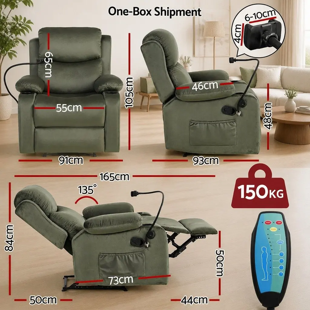 Recliner Chair Heated Massage Velvet Armchair with USB Phone Holder Green