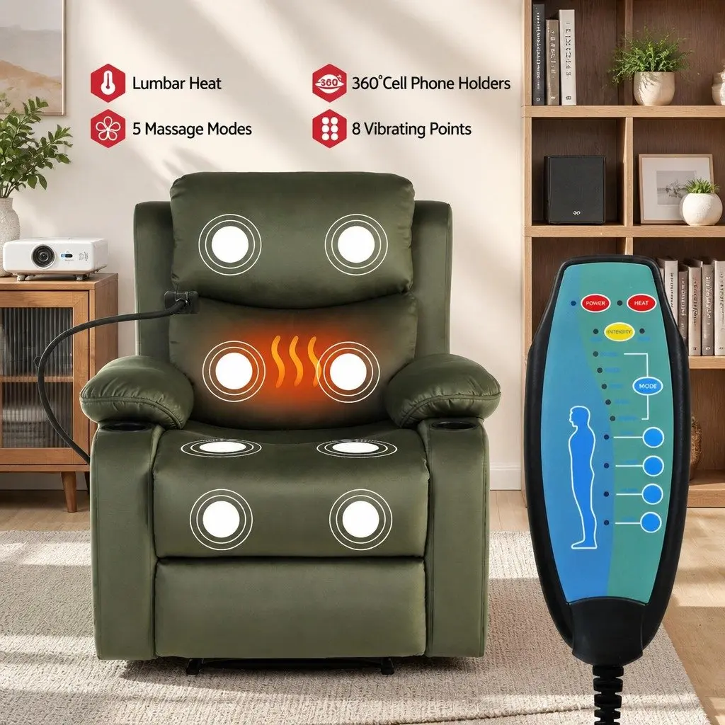 Recliner Chair Heated Massage Velvet Armchair with USB Phone Holder Green