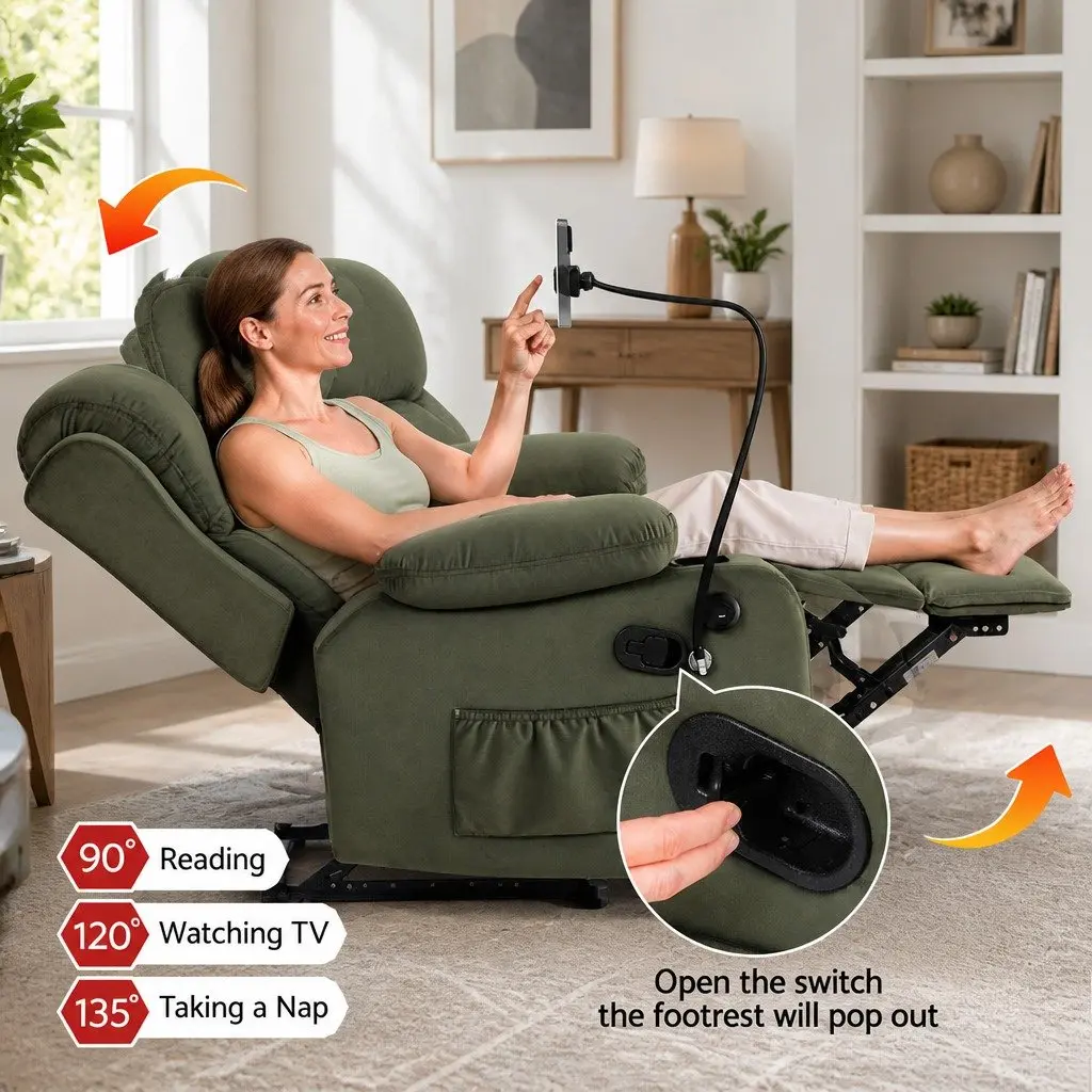 Recliner Chair Heated Massage Velvet Armchair with USB Phone Holder Green