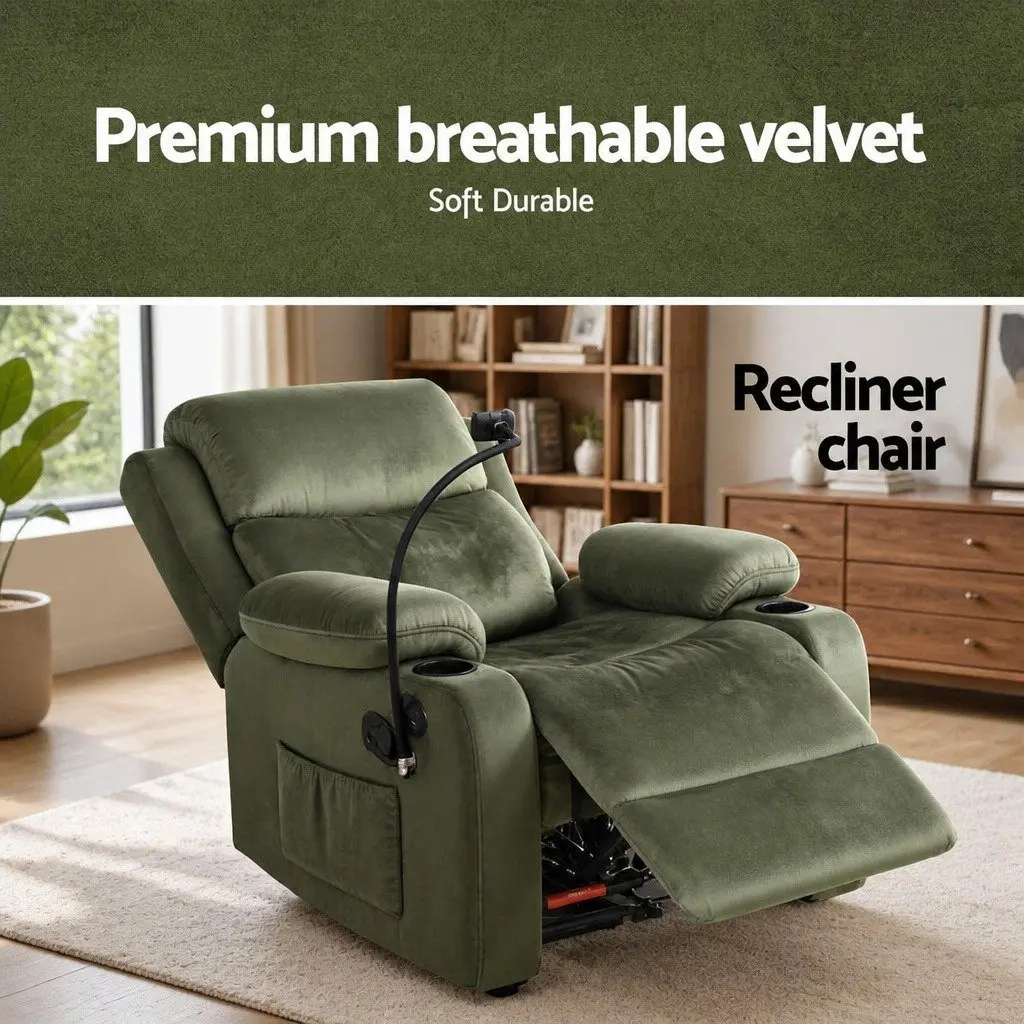 Recliner Chair Heated Massage Velvet Armchair with USB Phone Holder Green