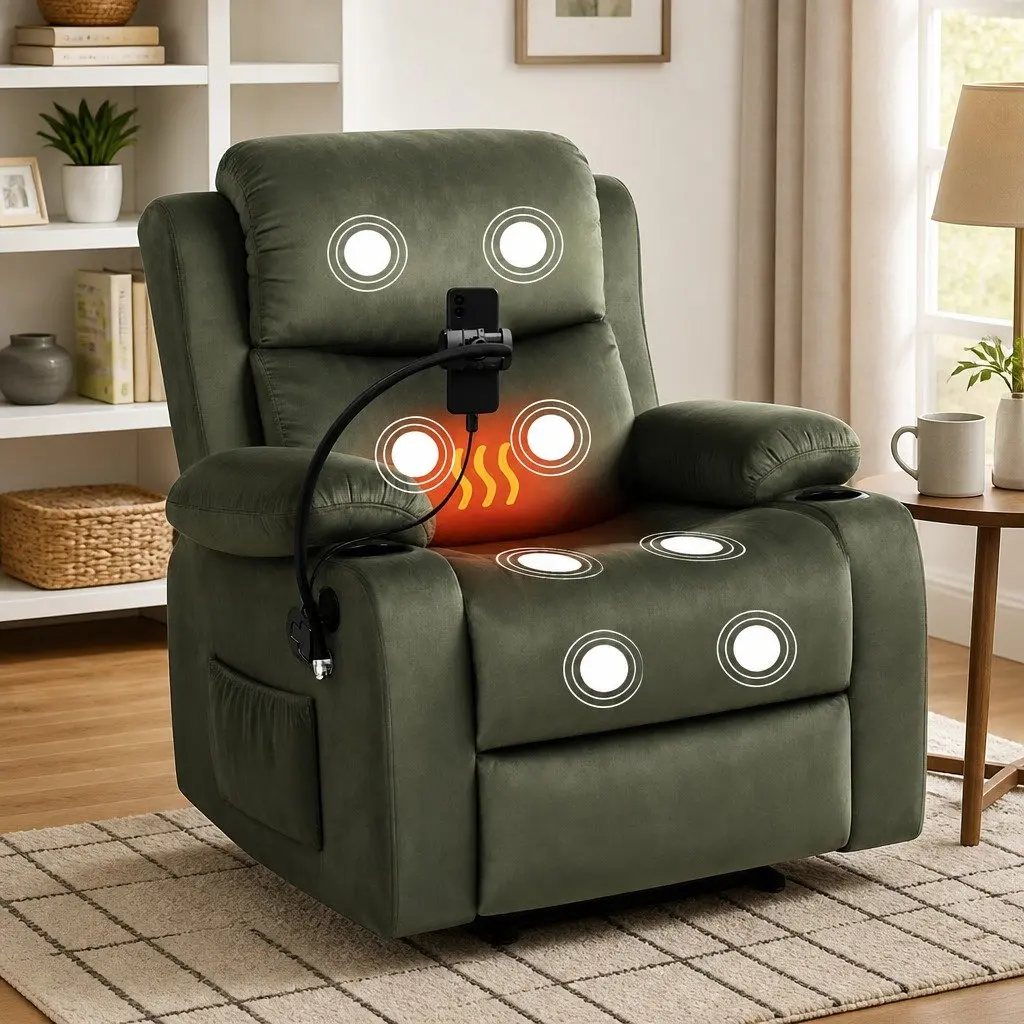Recliner Chair Heated Massage Velvet Armchair with USB Phone Holder Green